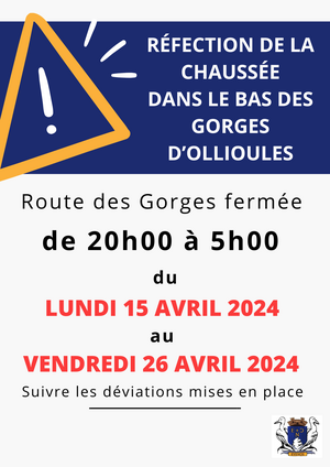 Travaux sur RDN8 : fermeture des Gorges entre 20h et 5h du 15 au 26 avril 2024